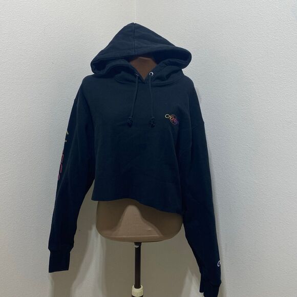 Champion Black Reverse Weave Sleeve Script Cropped Hoodie Women's Size XXL - Picture 1 of 9